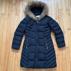 Cole Haan Signature Black Down Puffer Coat Faux Fur Hood Full Zip Womens Small